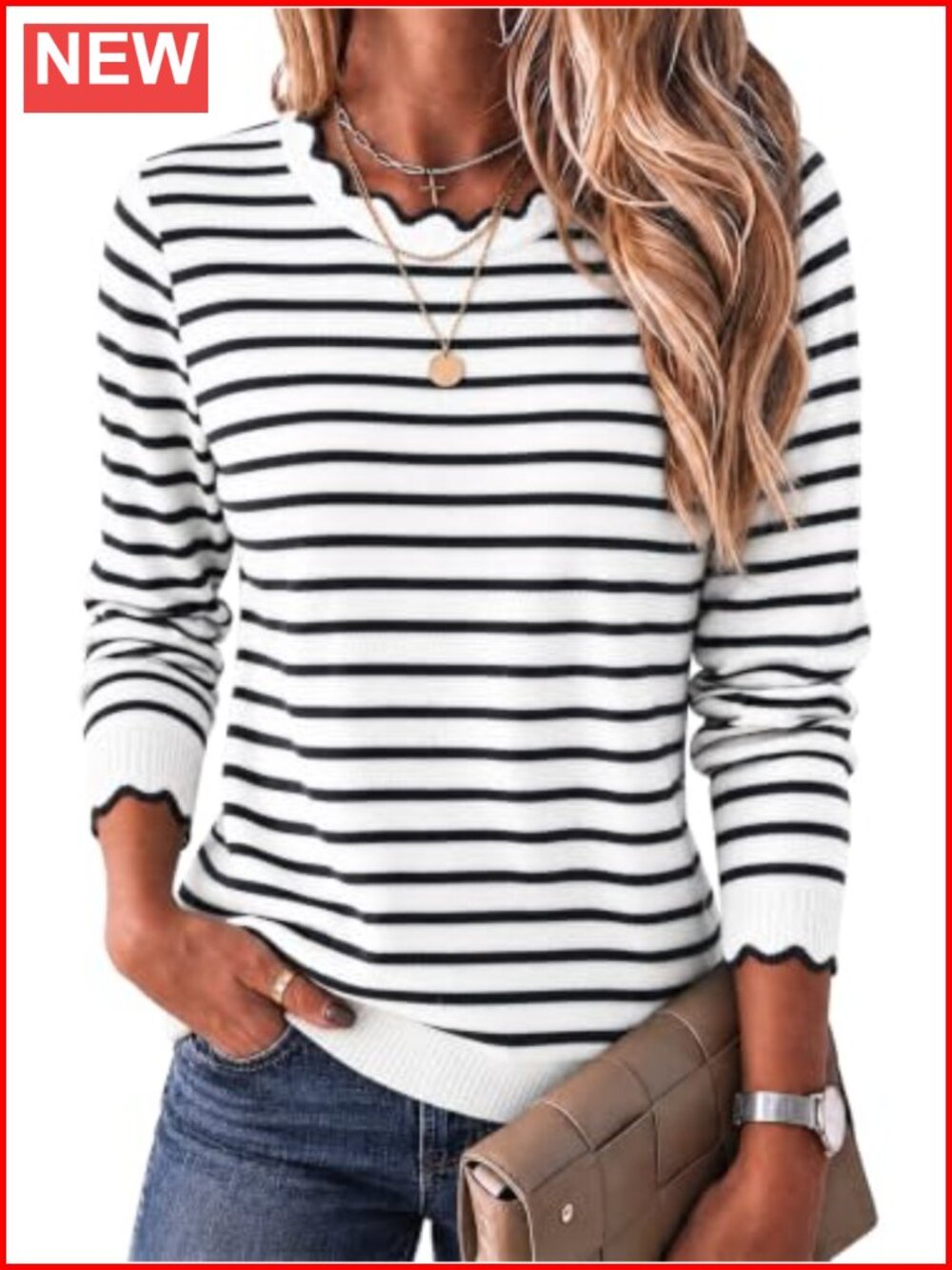 Womens Striped Knit Pullover Sweater Long Sleeve Scalloped Neck Loose Fit Top